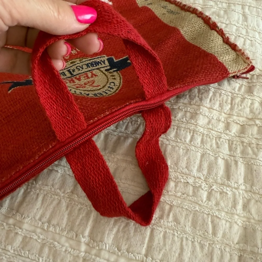 Vintage tote collectible ROYAL BASMATI RICE burlap Red zipper at top, 2 handles.